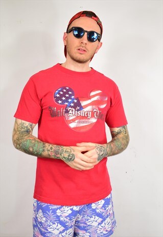 VINTAGE 90S DISNEY RED SILVER PRINT USA T SHIRT