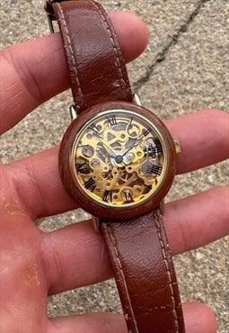 Vintage Gold Skeleton Watch Wooden Case Manual Wind 35mm