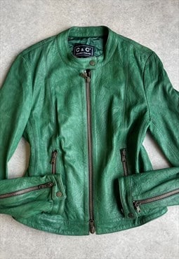 Vintage Y2k Leather Biker Jacket Dual Zip Green Grunge