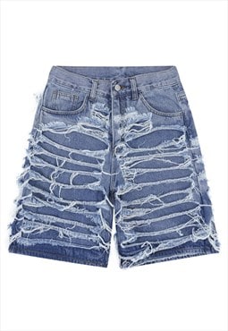 Shredded denim shorts ripped jean skater pants in blue 
