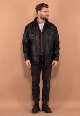 Vintage 90's Men Faux Leather Jacket in Black