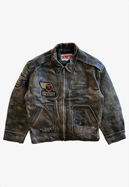 Vintage 90s Skyjacker Texaco Grey Leather Biker Jacket