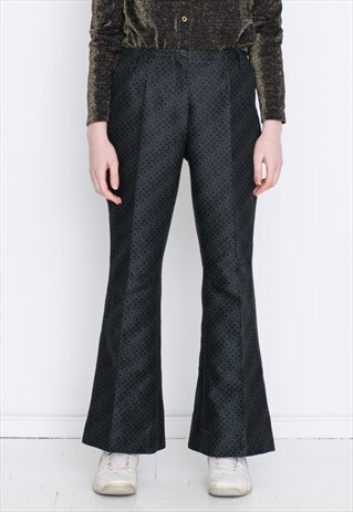VINTAGE BLACK PATTERN HIGH WAIST WIDE LEG RETRO TROUSERS