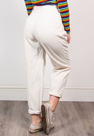 VINTAGE 90'S WHITE HIGH WAIST SMART TAPERED TROUSERS