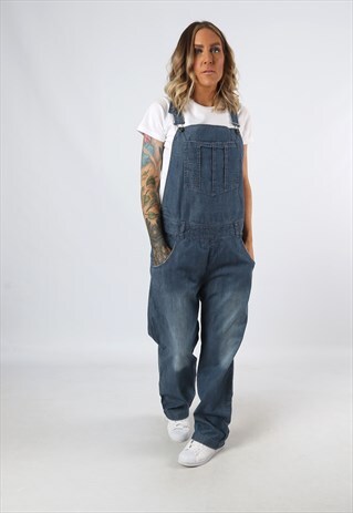DENIM DUNGAREES VINTAGE LIGHTWEIGHT WIDE LEG TALL UK 14 E24F