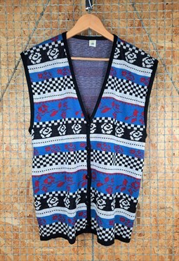 1980s Funky Striped Checkerboard Sleeveless Cardigan