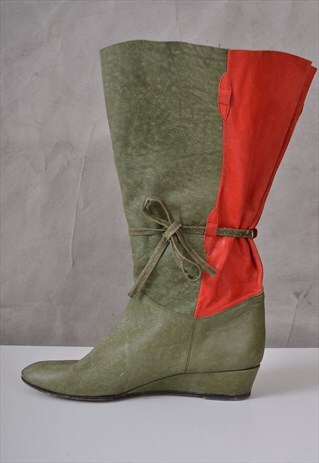 UK 7 VINTAGE TWO-TONE SOFT LEATHER BOOTS IN GREEN