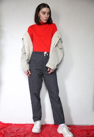 VINTAGE BLACK CHECKERED TROUSERS WITH DRAWSTRING WAIST.