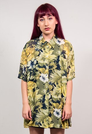 VINTAGE 90'S GREEN FLORAL PRINT SHORT SLEEVE SHEER SHIRT