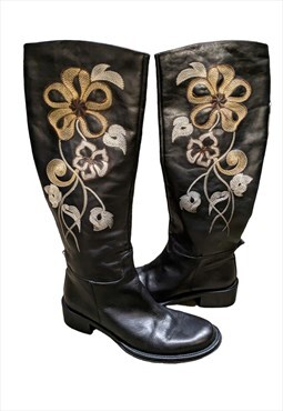 Vintage 90s Floral Leather Boots Long 
