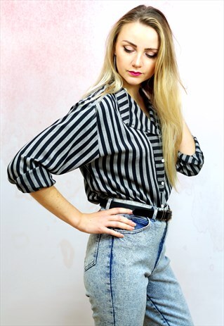 1980S VINTAGE BLACK AND GREY STRIPED BLOUSE