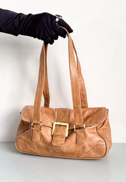 Vintage Y2K classy leather baguette bag in camel beige