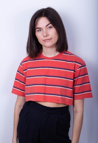 STRIPED RAW HEM CROP TEE - ORANGE