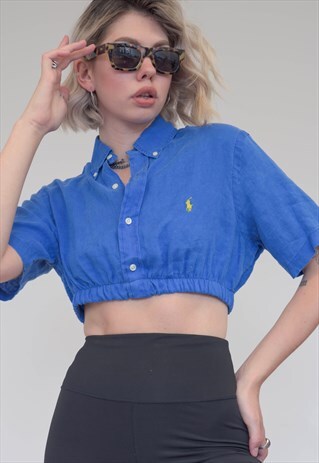 VINTAGE 90S REWORKED RALPH LAUREN CROP TOP SHIRT IN BLUE