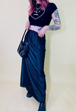 Vintage Y2K 90s Black Satin Lace Detail Maxi Skirt