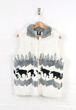 Vintage Fleece Vest Waistcoat Wildlife Print White/Grey Smal