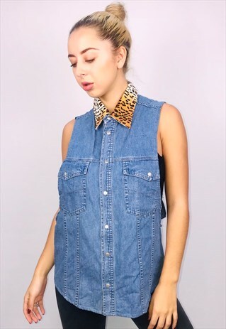 VINTAGE REWORKED DENIM SHIRT WITH LEOPARD PRINT COLLAR