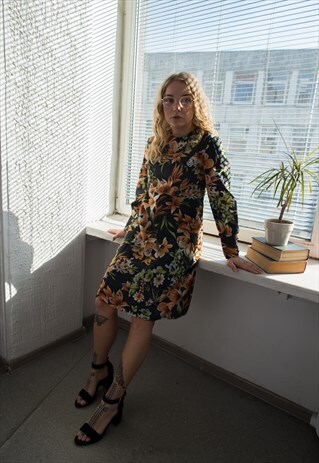 VINTAGE 70'S BLACK FLORAL MIDI LONG SLEEVED DRESS