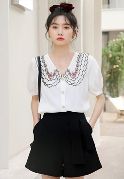 Floral Embroidery Layered Collar Shirt