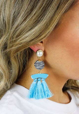 TURQUOISE PEARL TASSEL FRINGE CHANDELIER DROP DANGLE EARRING