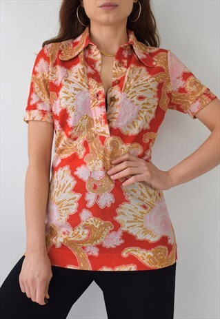 VINTAGE 70S FLORAL COLOURFUL FITTED PINK RED SHIRT TOP