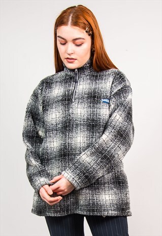 VINTAGE 90'S GREY CHECKED TEDDY FLEECE QUARTER ZIP JACKET