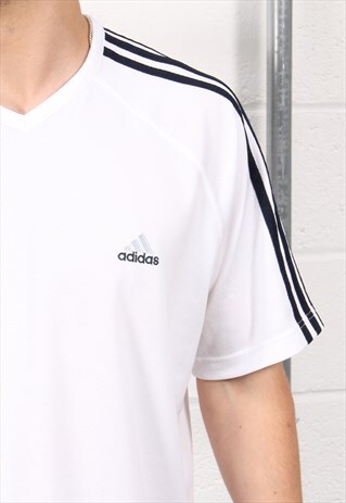 Vintage Adidas T-Shirt in White Sports V-Neck Tee XL