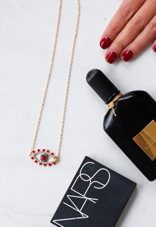 GOLD RED & BLUE EVIL EYE PENDANT STATEMENT NECKLACE