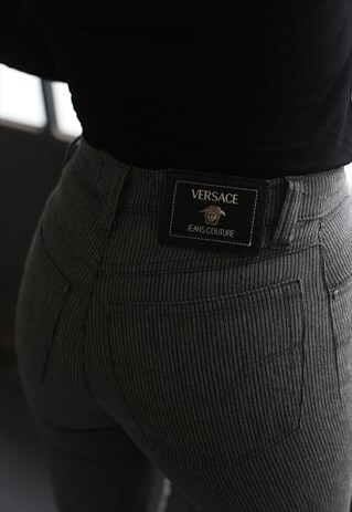 VINTAGE VERSACE PIN STRIPE SKINNY HIGH WAIST TROUSERS GREY