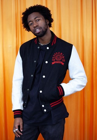 VINTAGE 90S BASEBALL JACKET BLACK WHITE RED LEATHER SLEEVE