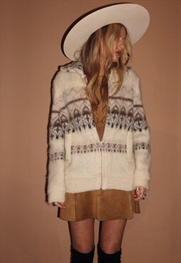 Vintage 70s zip up wool nordic folk cream cardigan - medium