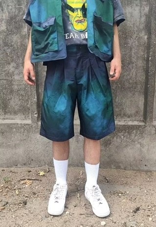 Cargo tie-dye utility shorts gradient cropped overalls green