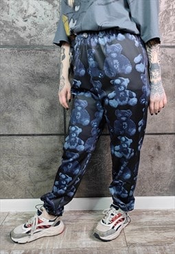 Teddy bear print joggers handmade Gothic overalls in blue