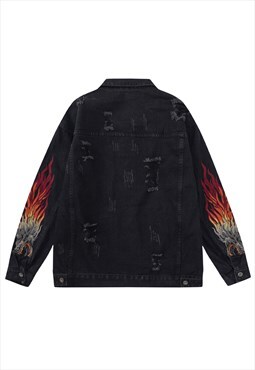 Flame patch denim jacket metalcore jean bomber in black