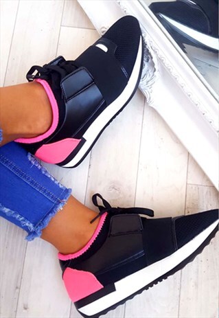 BLACK AND PINK LACE UP MESH TRAINERS