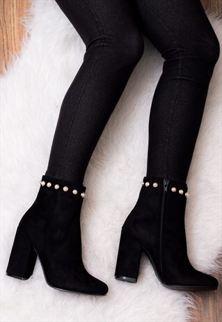 DANNA ZIP BLOCK HEEL ANKLE BOOTS SHOES - BLACK SUEDE STYLE