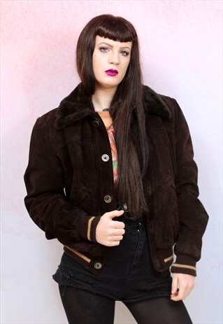 1980S VINTAGE SUEDE AND FAUX FUR COLLAR FLIGHT BOMBER JACKET
