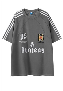 Racing t-shirt stripe sports tee grunge football top in grey