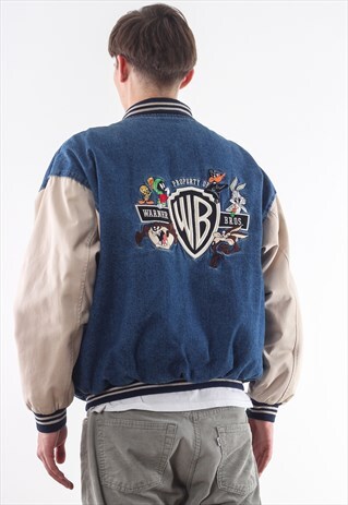 VINTAGE WARNEN BROS LOONEY TUNES BOMBER 90S BLUE DENIM