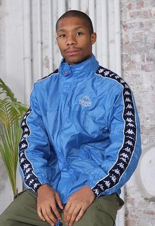 VINTAGE KAPPA TAPE LOGO FLEECE LINED WINDBREAKER JACKET BLUE