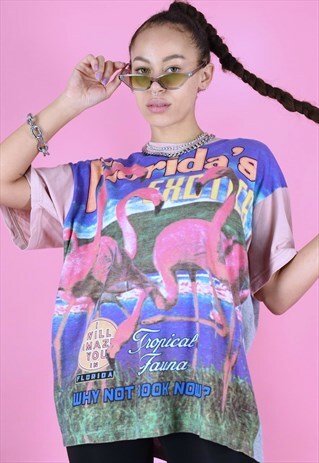 VINTAGE 90S DIESEL T-SHIRT FLAMINGO GRAPHIC GREY LIGHT PINK