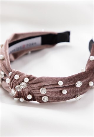 MOCHA FAUX PEARL AND CRYSTAL EMBELLISHED HEADBAND