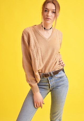 90'S GOES 70'S RETRO KNITTED NEUTRAL OVERSIZED JUMPER TOP