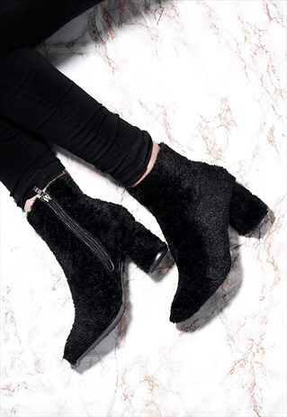 FOXIE SYNTHETIC FURRY HAIRY BLOCK HEEL ANKLE BOOTS SHOES