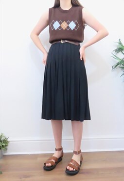 80s Vintage Black Navy Pleated Midi Skirt
