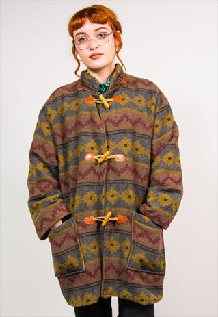 VINTAGE 90'S GREEN AZTEC PATTERN DUFFLE COAT