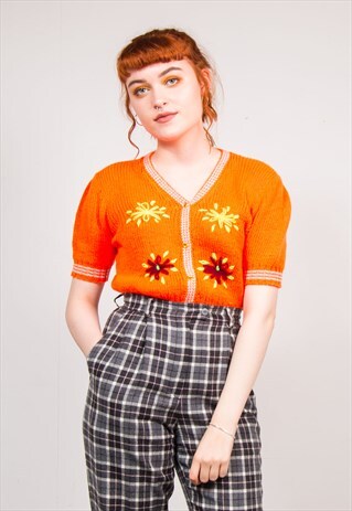 VINTAGE 70'S BRIGHT ORANGE CARDIGAN STYLE KNIT HIPPIE TOP