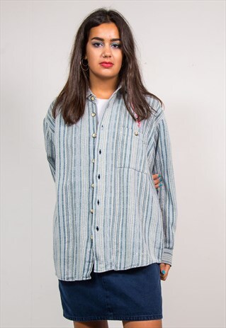 VINTAGE 90'S BLUE STRIPE TEXTURED FESTIVAL HIPPIE SHIRT