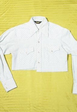 Vintage Lee Shirt 70s Plaid Grid White Asymmetric Crop Top