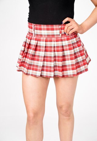 SAMEERA RED & WHITE PLEATED CHECKS HIGH WAISTED MINI SKIRT